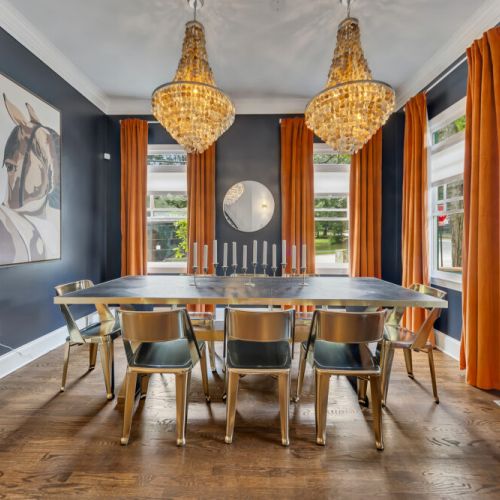 The room features a bold, high-contrast design