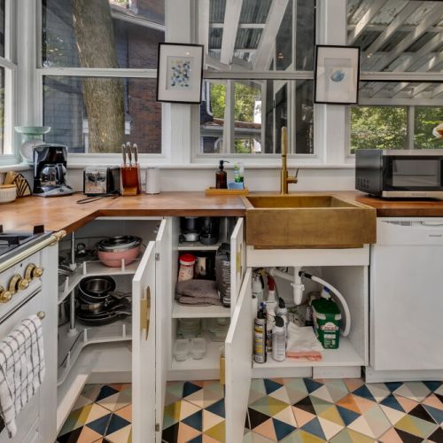 Kitchen with copper sink, Kitchen with open cabinet