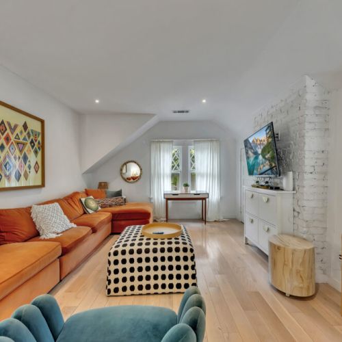 A clean, white dining area