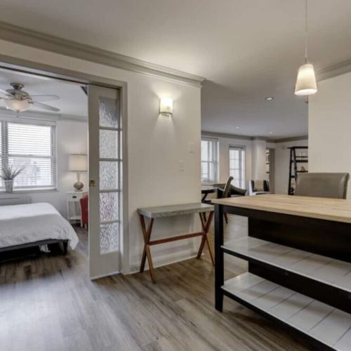 Double doors leading into the bedroom